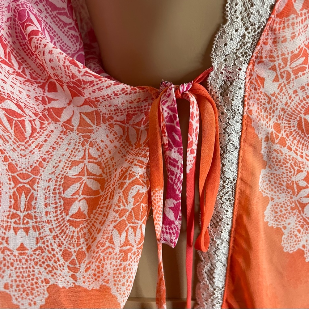 In Bloom Ombre Bright Pink & Orange Boho Beach Sheer Lace Kimono Robe, Size M - Picture 5 of 11